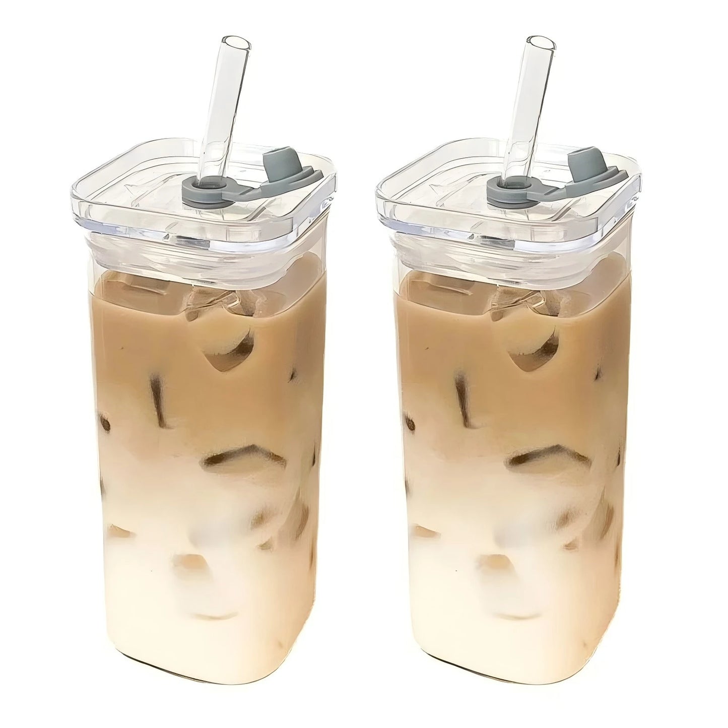 Square Heat Resistant Glass Cup With Lid and Straw