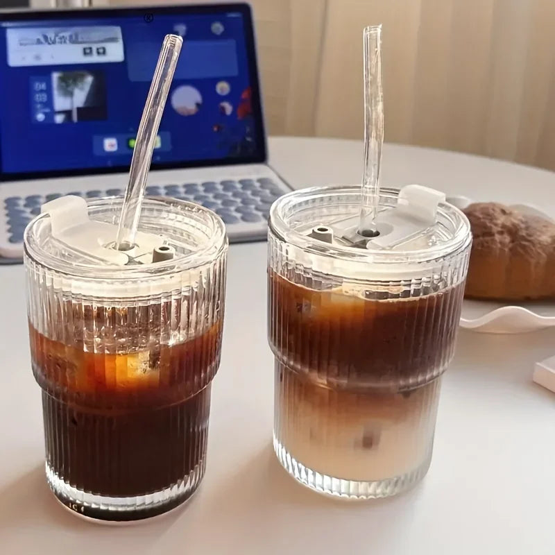 Stripe Glass Cup with Lid and Straw