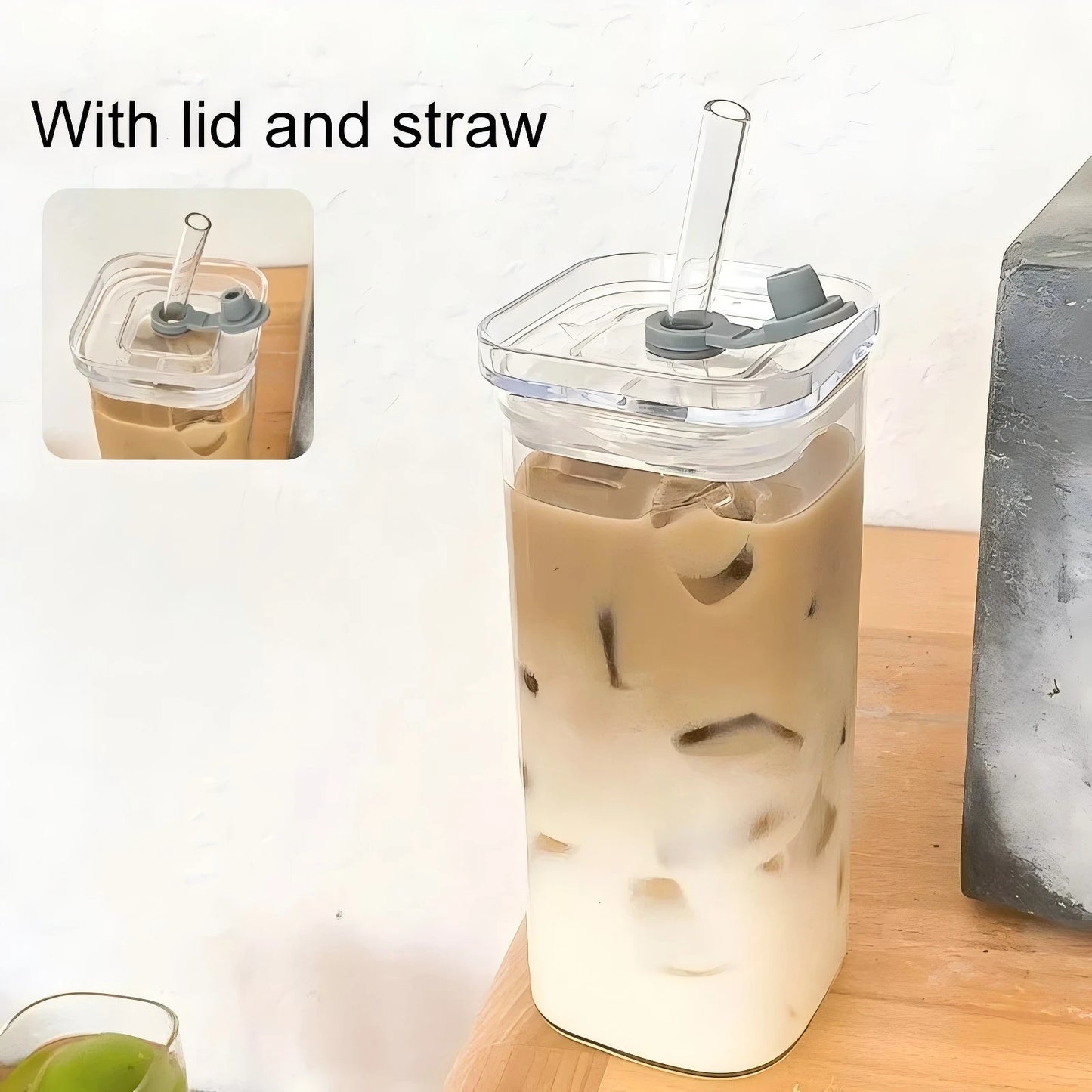 Square Heat Resistant Glass Cup With Lid and Straw