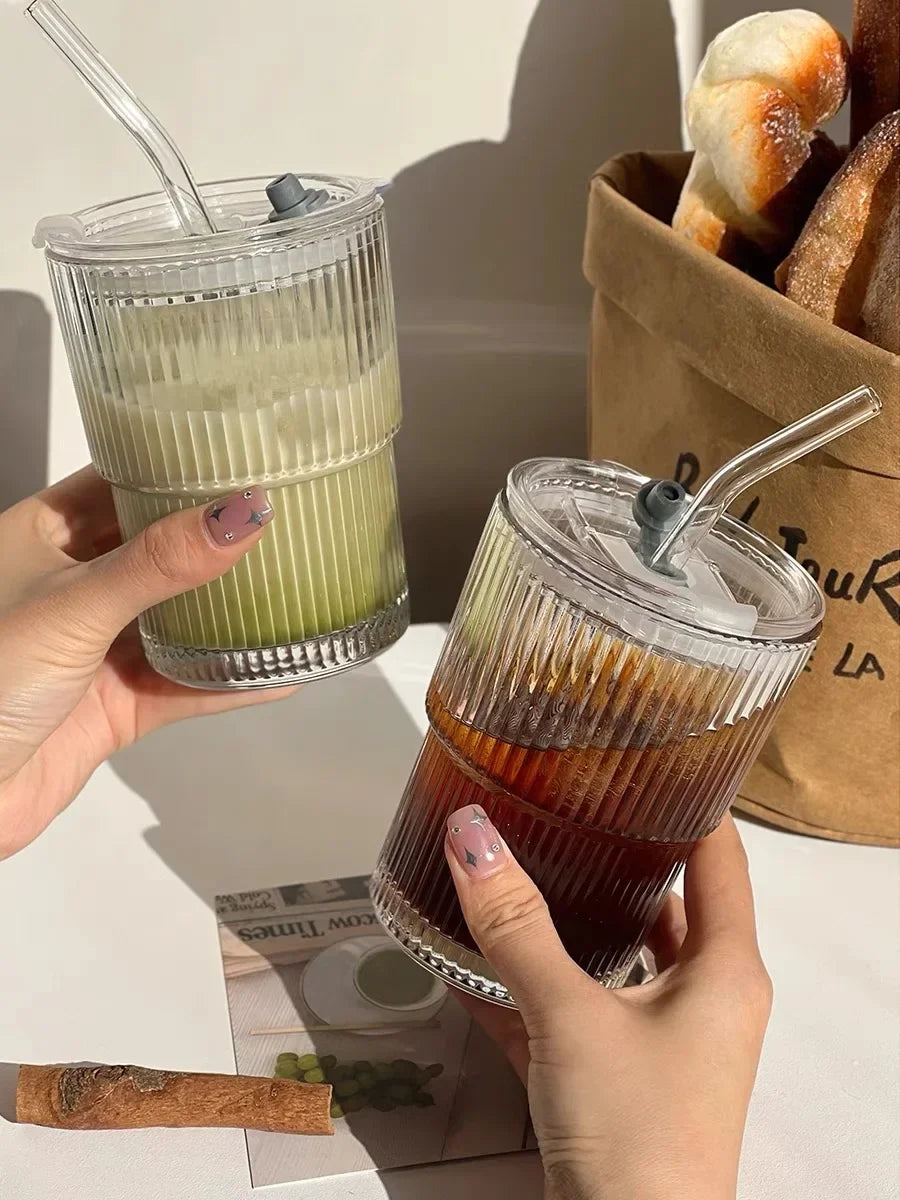 Stripe Glass Cup with Lid and Straw