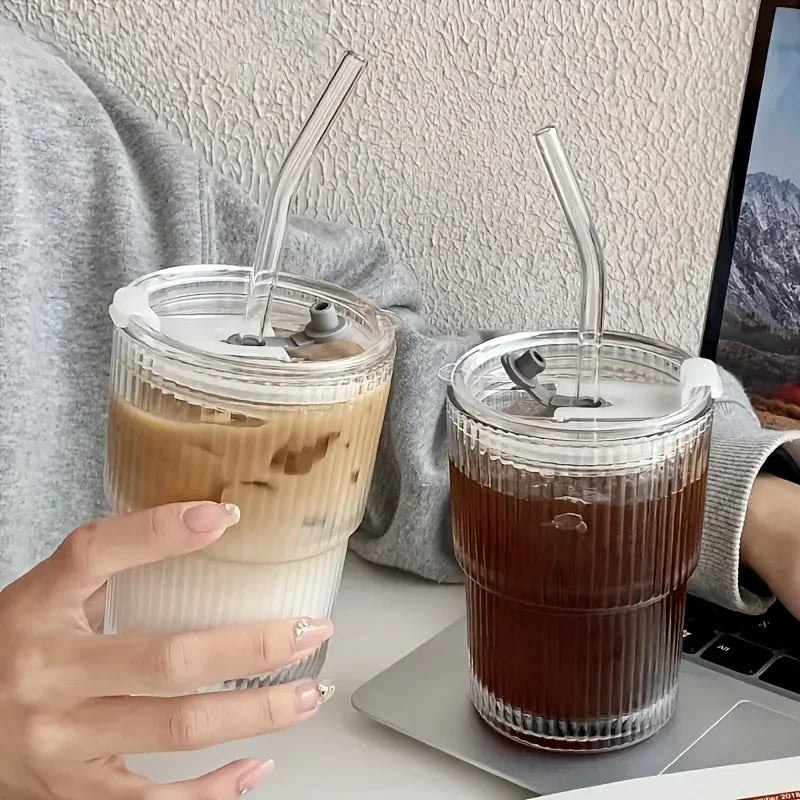 Stripe Glass Cup with Lid and Straw