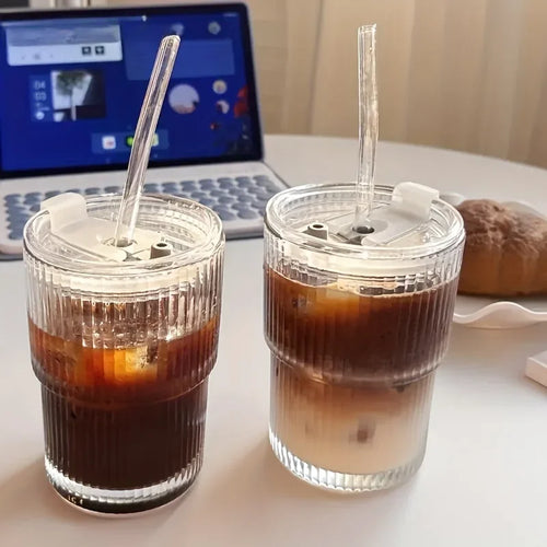 Stripe Glass Cup with Lid and Straw